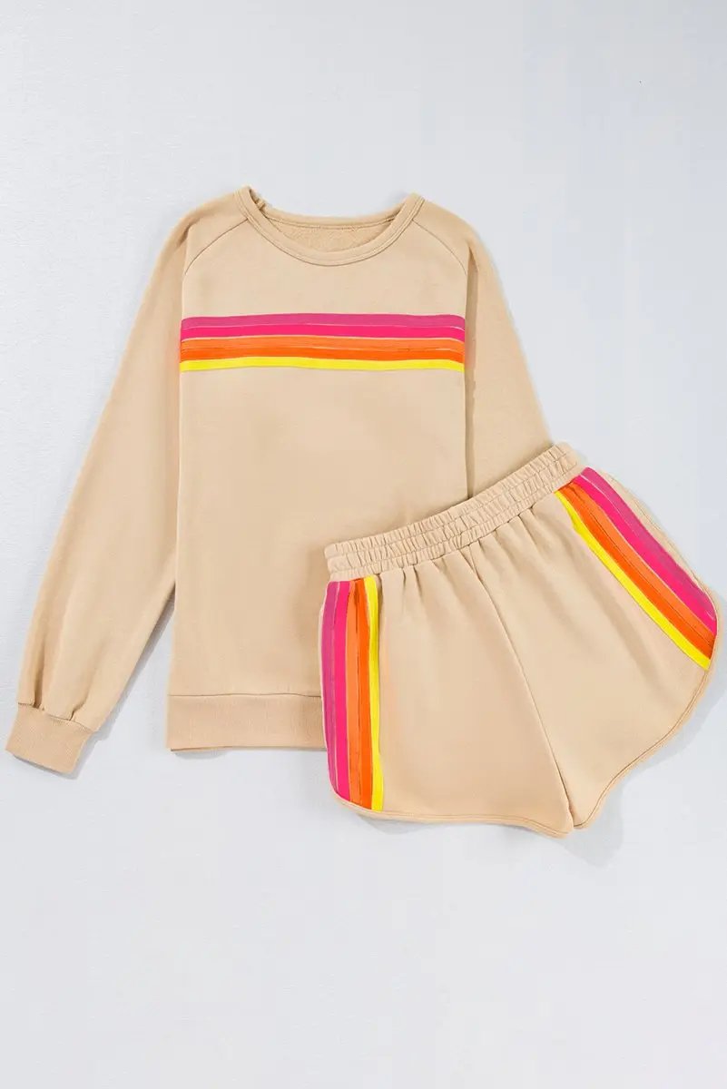 Apricot Striped Accent Pullover and Shorts Two Piece Set - Love Salve 
