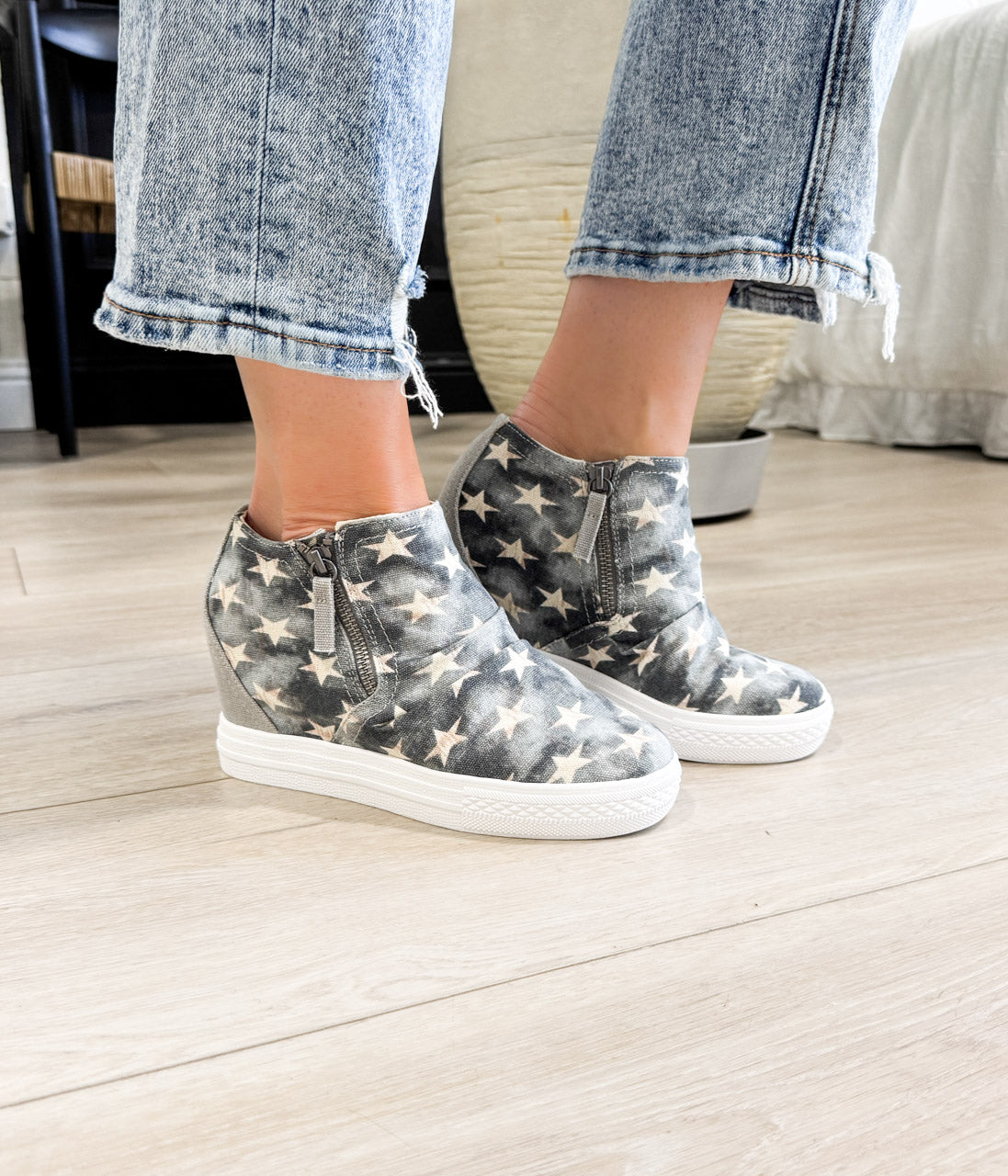 Ari Sneaker Wedge Denim With Star Print And Zippers Naughty Monkey