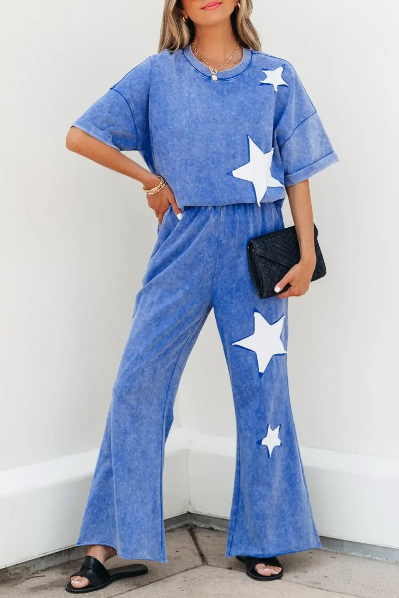 Ashleigh Blue Acid Wash Star Patched Rolled Trim Pants Set - Love Salve 