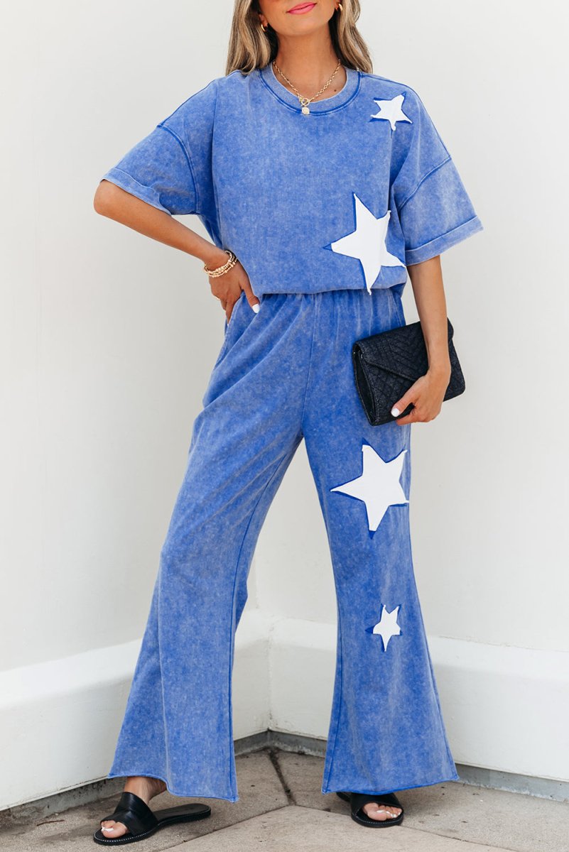 Ashleigh Blue Acid Wash Star Patched Rolled Trim Pants Set - Love Salve 