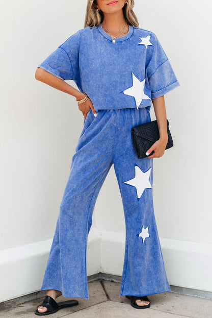 Ashleigh Blue Acid Wash Star Patched Rolled Trim Pants Set - Love Salve 