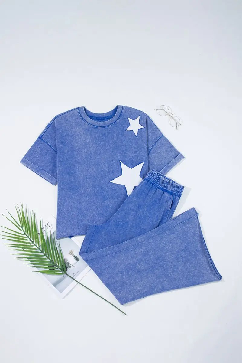 Ashleigh Blue Acid Wash Star Patched Rolled Trim Pants Set - Love Salve 