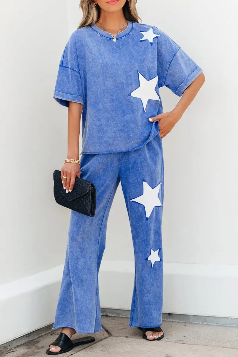 Ashleigh Blue Acid Wash Star Patched Rolled Trim Pants Set - Love Salve 