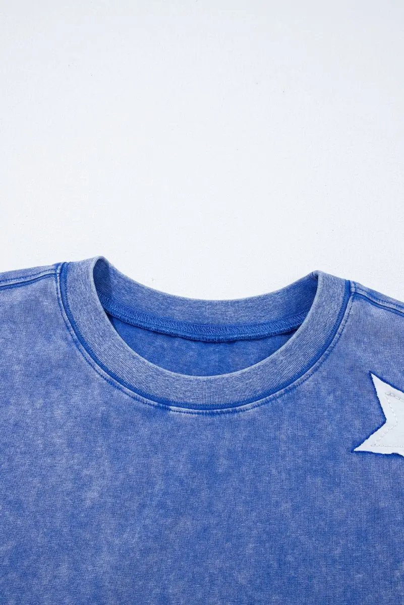 Ashleigh Blue Acid Wash Star Patched Rolled Trim Pants Set - Love Salve 