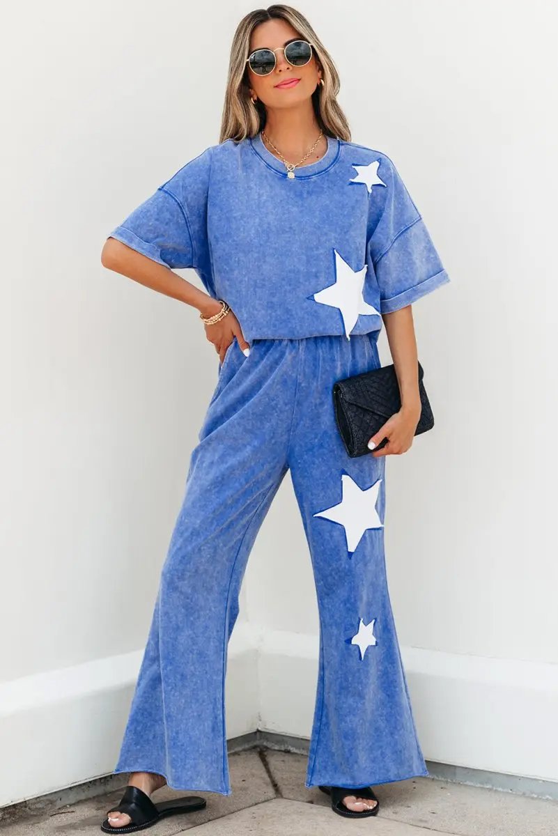 Ashleigh Blue Acid Wash Star Patched Rolled Trim Pants Set - Love Salve 