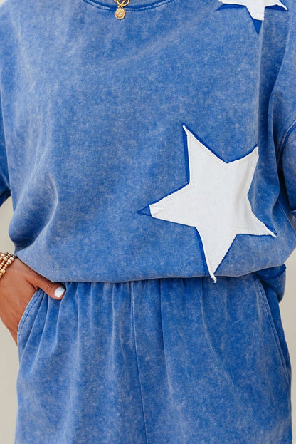 Ashleigh Blue Acid Wash Star Patched Rolled Trim Pants Set - Love Salve 