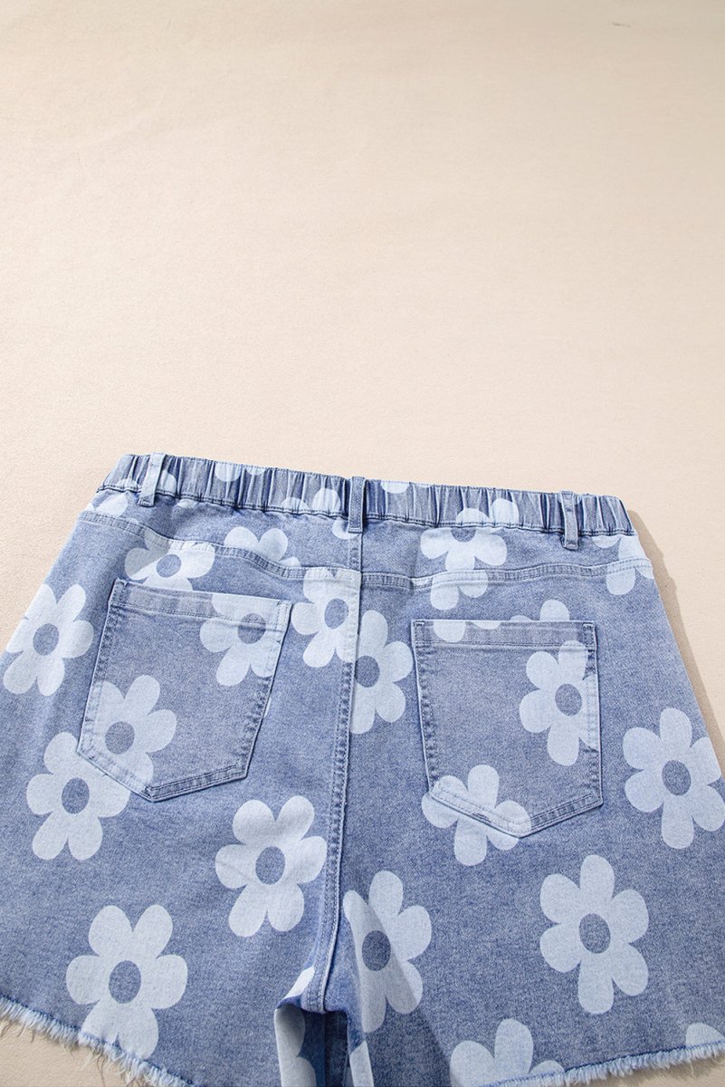 Ashleigh Blue Floral Pattern High Waist Raw Hem Plus Size Denim Shorts - Love Salve 