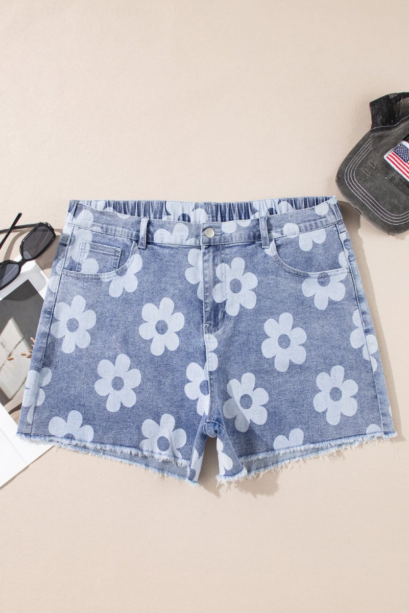 Ashleigh Blue Floral Pattern High Waist Raw Hem Plus Size Denim Shorts - Love Salve 