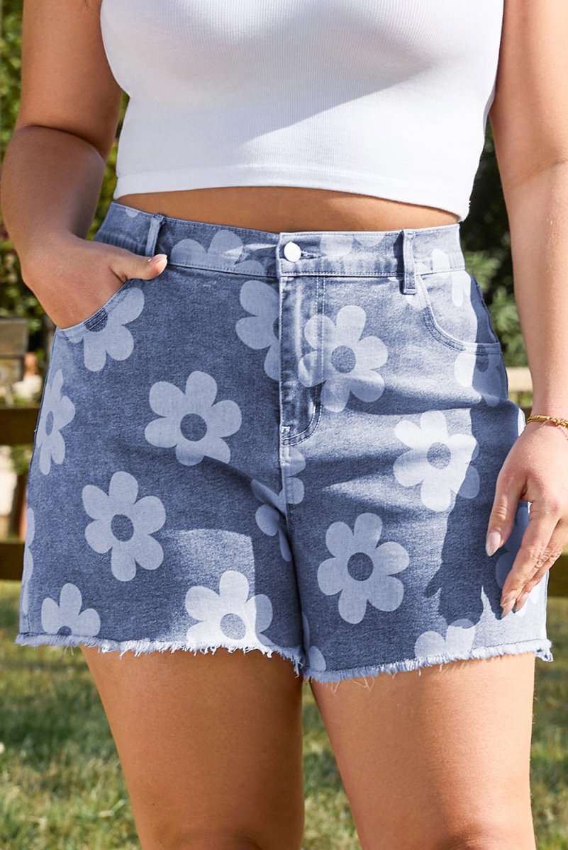 Ashleigh Blue Floral Pattern High Waist Raw Hem Plus Size Denim Shorts - Love Salve 