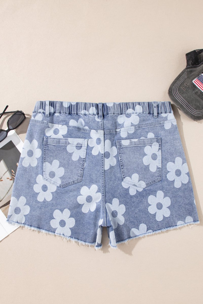 Ashleigh Blue Floral Pattern High Waist Raw Hem Plus Size Denim Shorts - Love Salve 