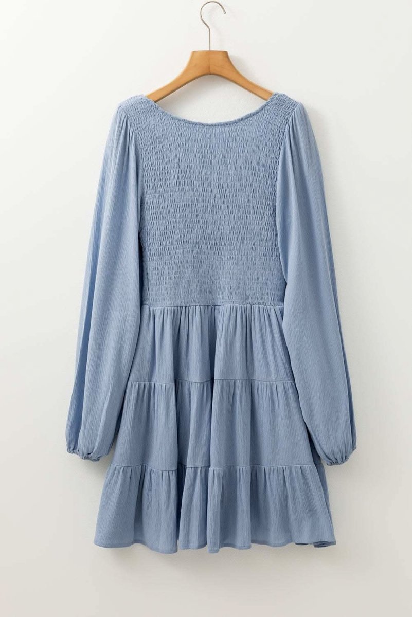 Ashleigh Blue Long Sleeve V Neck Smocked Tiered Mini Dress - Love Salve 