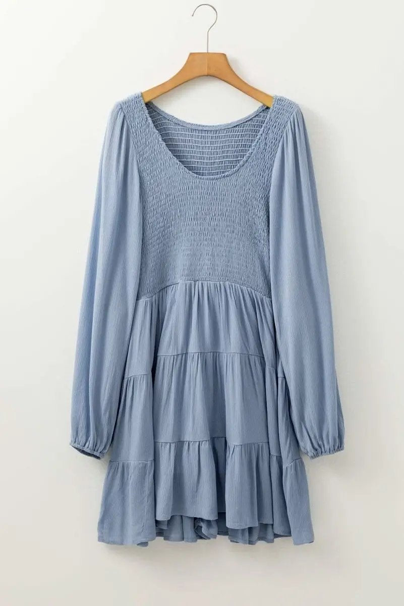 Ashleigh Blue Long Sleeve V Neck Smocked Tiered Mini Dress - Love Salve 