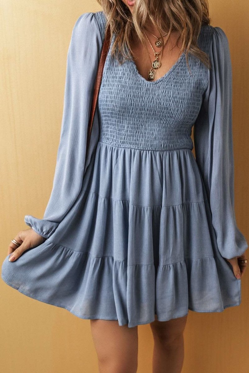 Ashleigh Blue Long Sleeve V Neck Smocked Tiered Mini Dress - Love Salve 