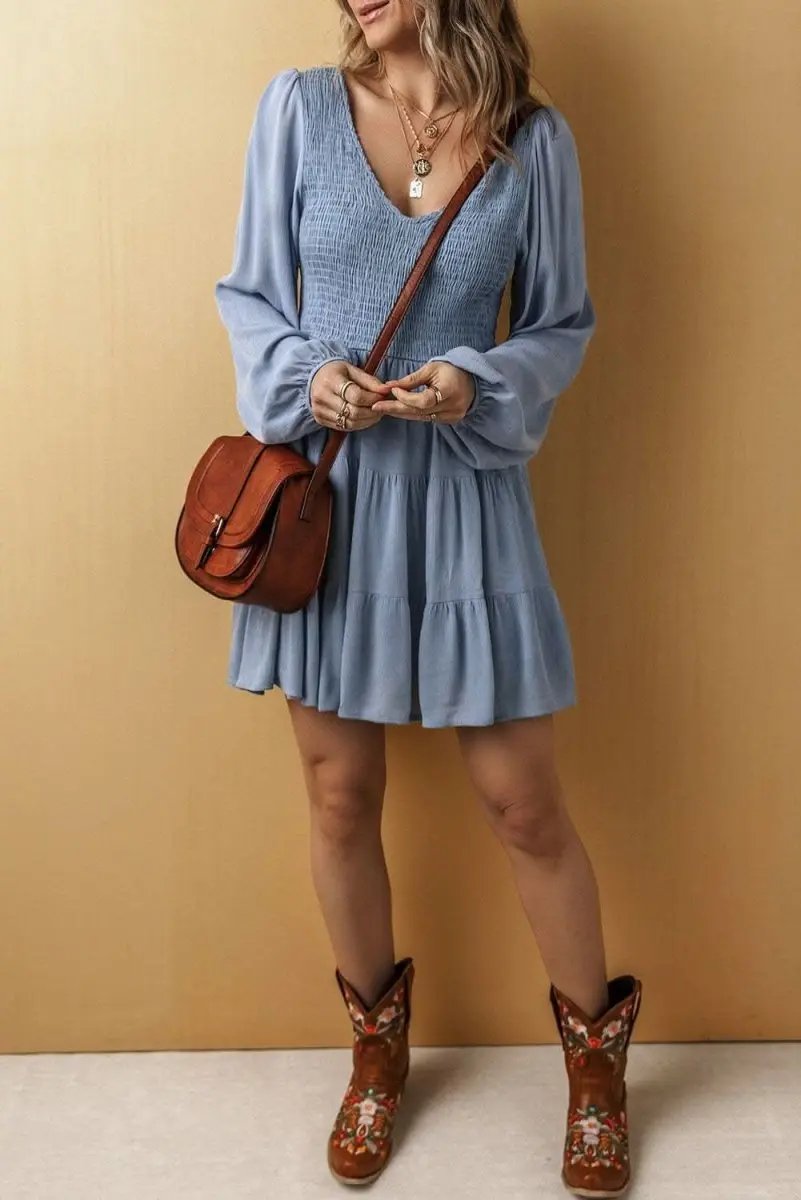Ashleigh Blue Long Sleeve V Neck Smocked Tiered Mini Dress - Love Salve 