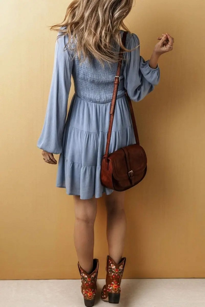 Ashleigh Blue Long Sleeve V Neck Smocked Tiered Mini Dress - Love Salve 