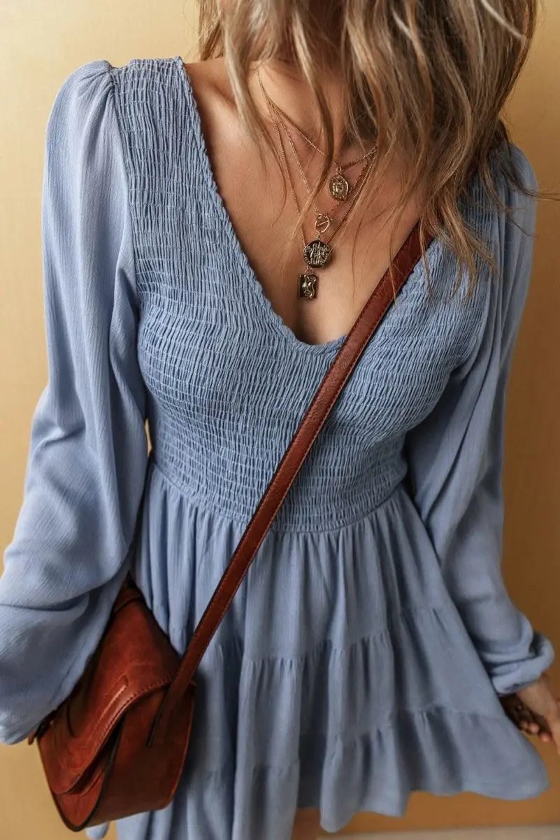 Ashleigh Blue Long Sleeve V Neck Smocked Tiered Mini Dress - Love Salve 