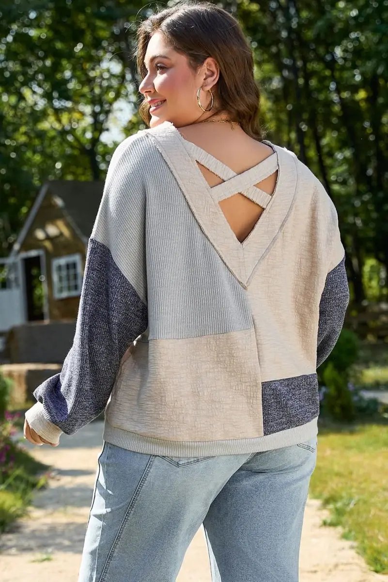 Ashleigh Blue Plus Size Textured Colorblock Patchwork V Neck Top - Love Salve 