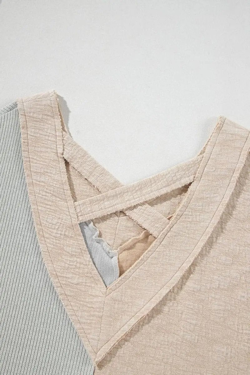 Ashleigh Blue Plus Size Textured Colorblock Patchwork V Neck Top - Love Salve 