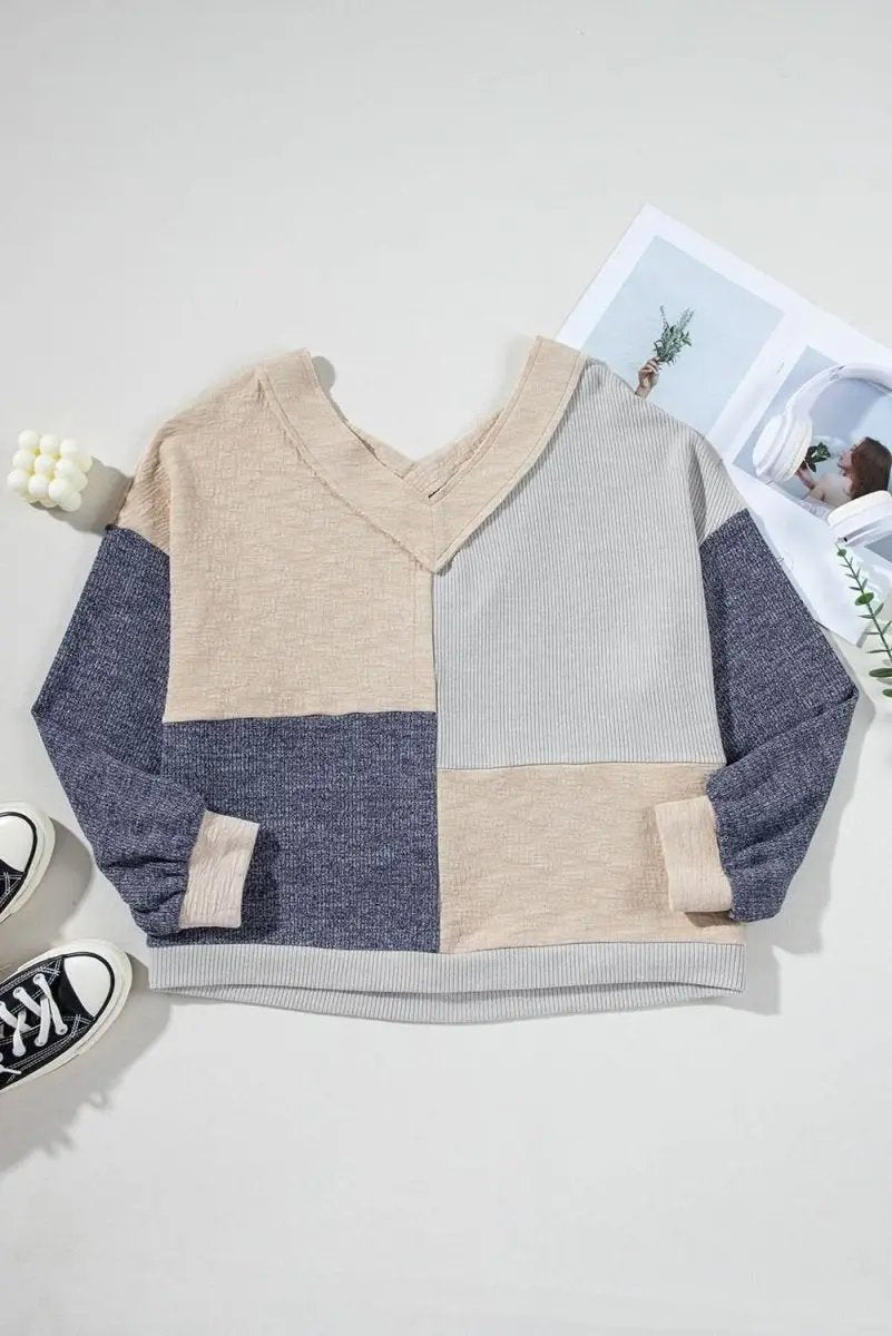 Ashleigh Blue Plus Size Textured Colorblock Patchwork V Neck Top - Love Salve 