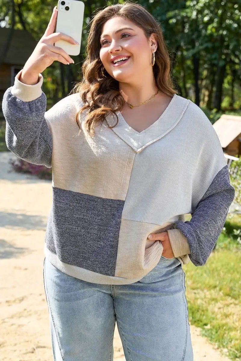 Ashleigh Blue Plus Size Textured Colorblock Patchwork V Neck Top - Love Salve 