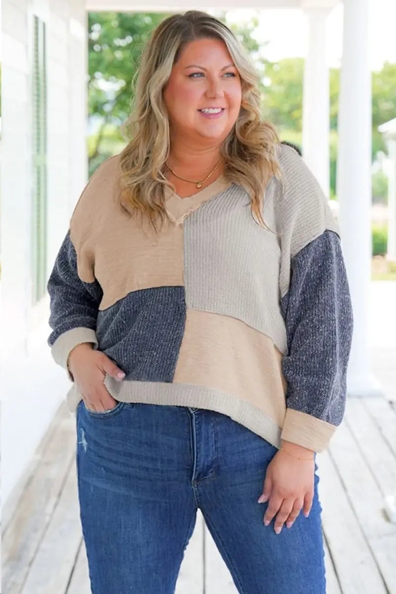 Ashleigh Blue Plus Size Textured Colorblock Patchwork V Neck Top - Love Salve 