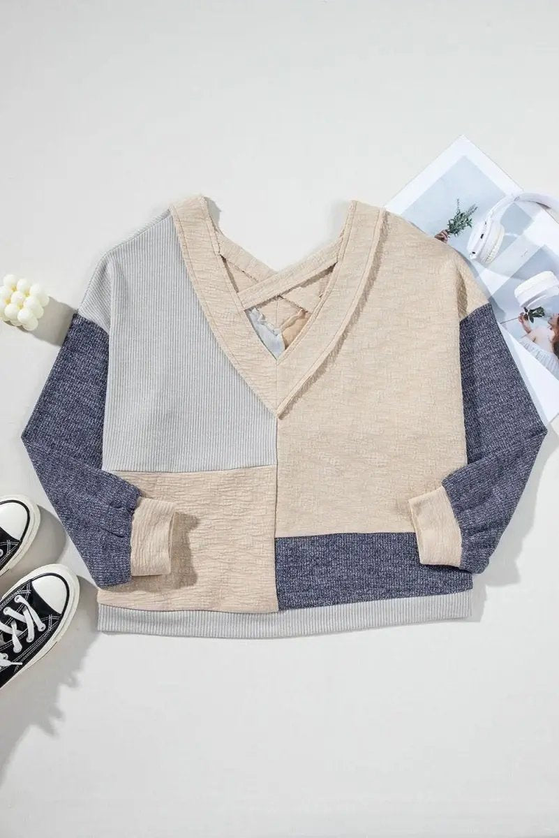 Ashleigh Blue Plus Size Textured Colorblock Patchwork V Neck Top - Love Salve 