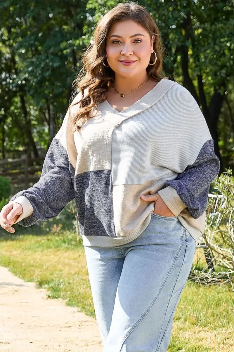 Ashleigh Blue Plus Size Textured Colorblock Patchwork V Neck Top - Love Salve 