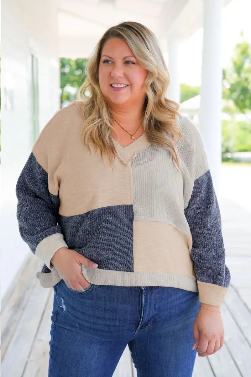 Ashleigh Blue Plus Size Textured Colorblock Patchwork V Neck Top - Love Salve 