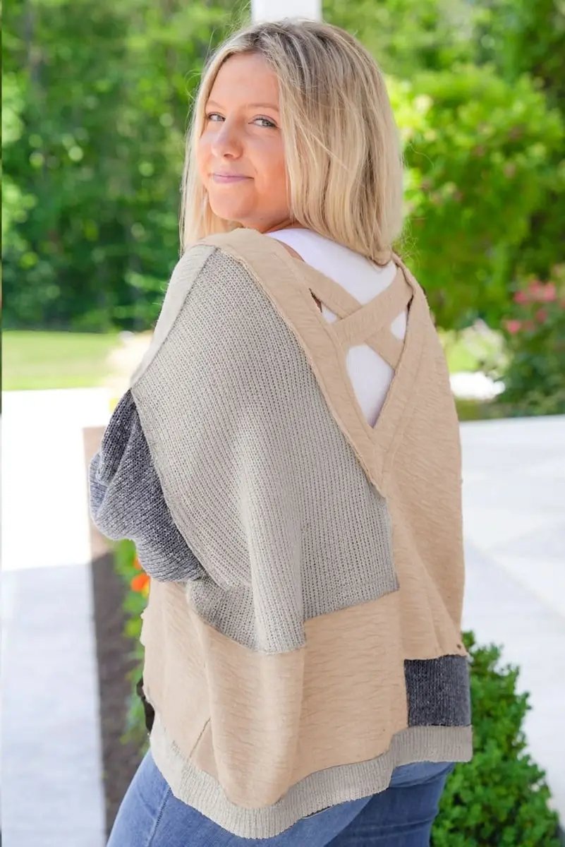 Ashleigh Blue Plus Size Textured Colorblock Patchwork V Neck Top - Love Salve 