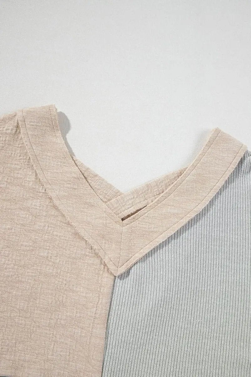 Ashleigh Blue Plus Size Textured Colorblock Patchwork V Neck Top - Love Salve 