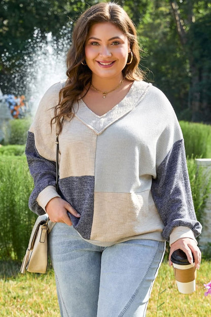 Ashleigh Blue Plus Size Textured Colorblock Patchwork V Neck Top - Love Salve 