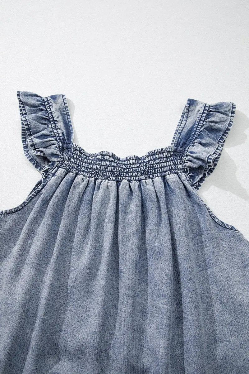 Ashleigh Blue Ruffled Shirred Neckline Sleeveless Denim Tank - Love Salve 