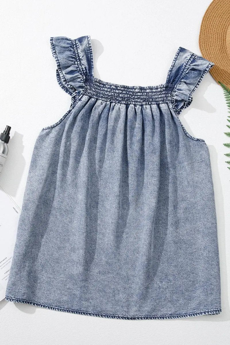 Ashleigh Blue Ruffled Shirred Neckline Sleeveless Denim Tank - Love Salve 