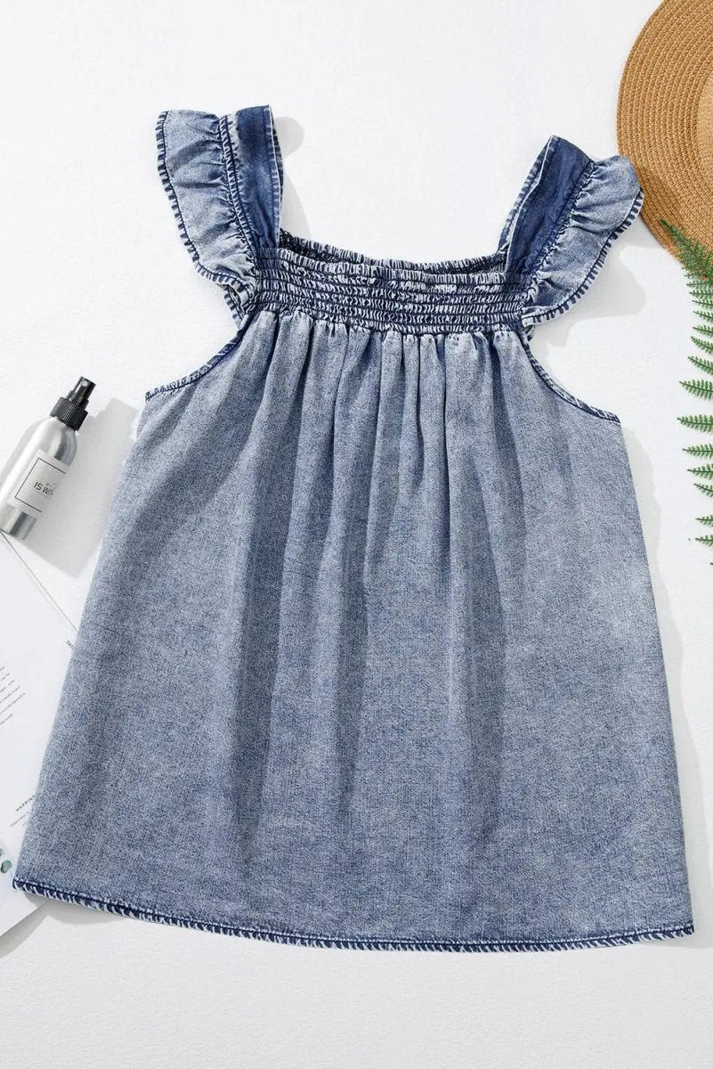 Ashleigh Blue Ruffled Shirred Neckline Sleeveless Denim Tank - Love Salve 