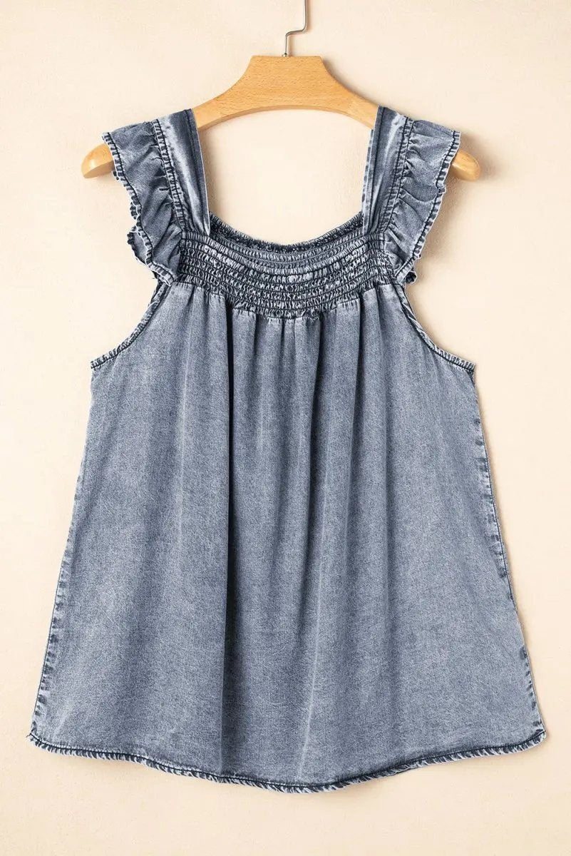 Ashleigh Blue Ruffled Shirred Neckline Sleeveless Denim Tank - Love Salve 