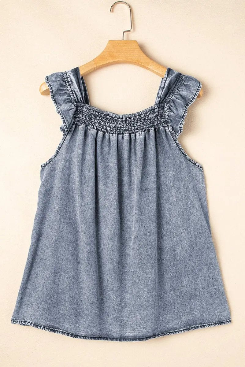 Ashleigh Blue Ruffled Shirred Neckline Sleeveless Denim Tank - Love Salve 