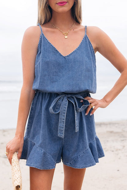 Ashleigh Blue Spaghetti Straps V Neck Belted Ruffled Romper - Love Salve