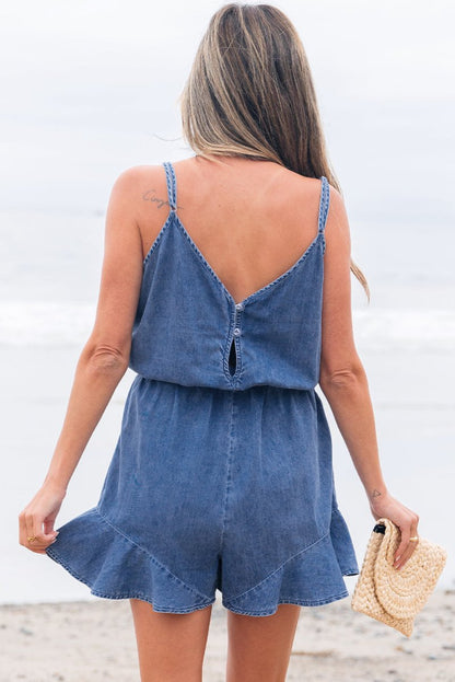 Ashleigh Blue Spaghetti Straps V Neck Belted Ruffled Romper - Love Salve