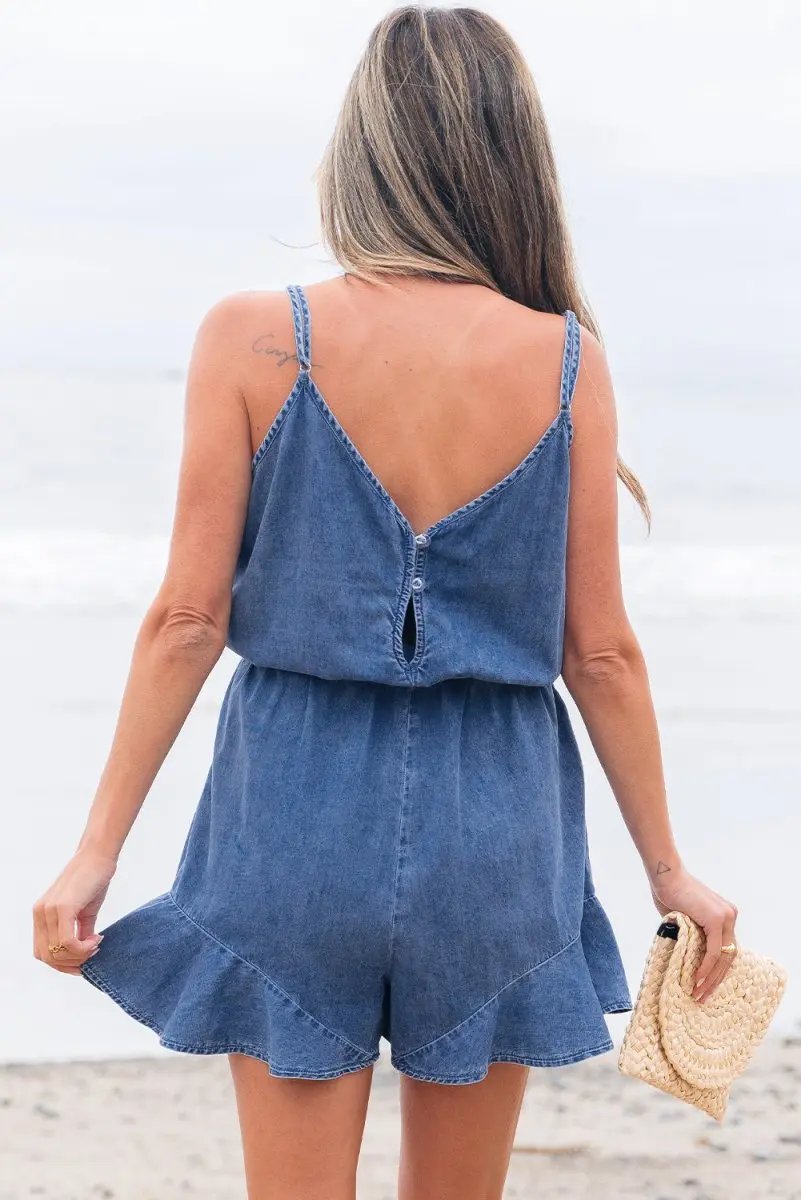 Ashleigh Blue Spaghetti Straps V Neck Belted Ruffled Romper - Love Salve 