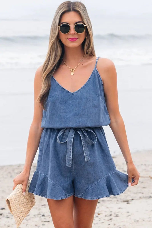 Ashleigh Blue Spaghetti Straps V Neck Belted Ruffled Romper - Love Salve 