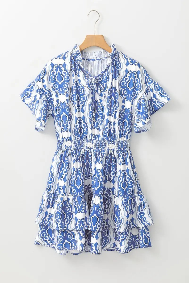 Ashleigh Blue Vintage Floral Print Wide Ruffled Sleeve Dress for Summer - Love Salve 