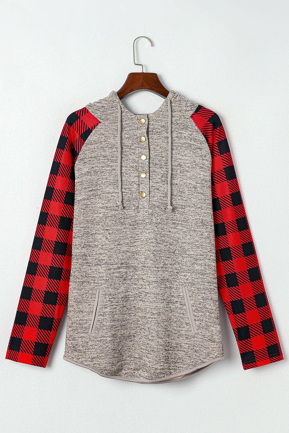 Plaid Half Snap Long Sleeve Hoodie.