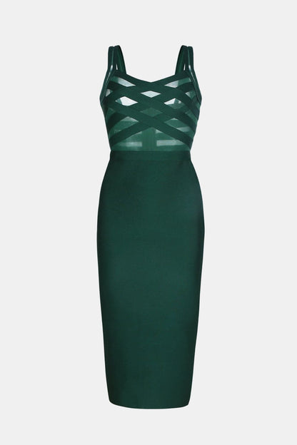 Sleeveless Spliced Mesh Midi Bandage Dress.