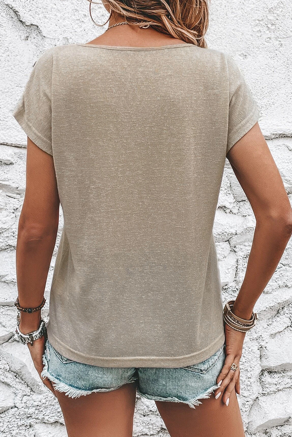 Chic smoke gray batwing sleeve tee with button accents