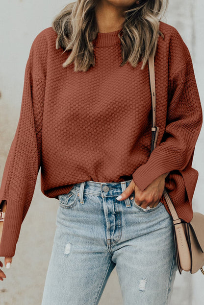 Chic textured long sleeve sweater with stylish slit detail