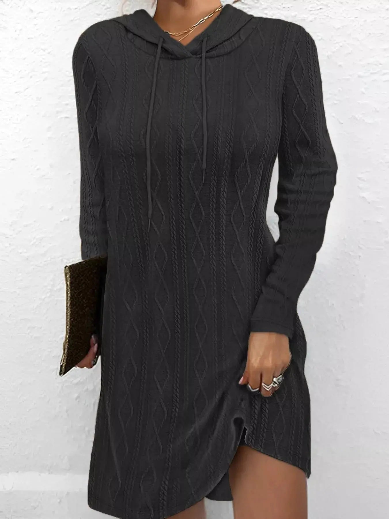 Casual Long Sleeve Hooded Cable Knit Dress With Drawstring Slit Simply Love
