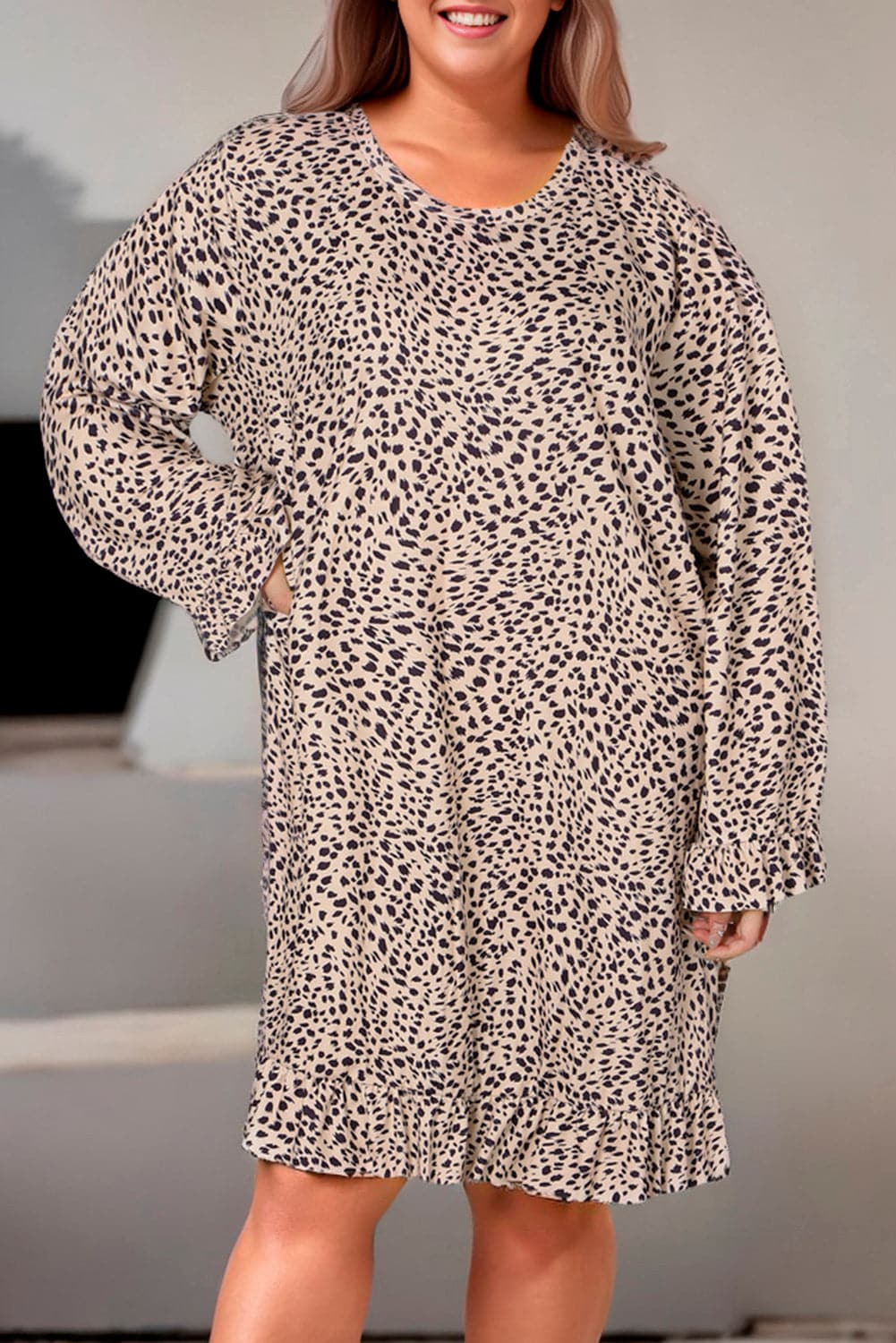 Plus Size Leopard Print Long Sleeve Mini Dress.