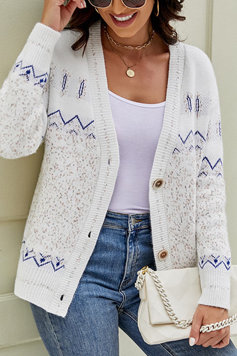 Printed V-Neck Buttoned Cardigan.