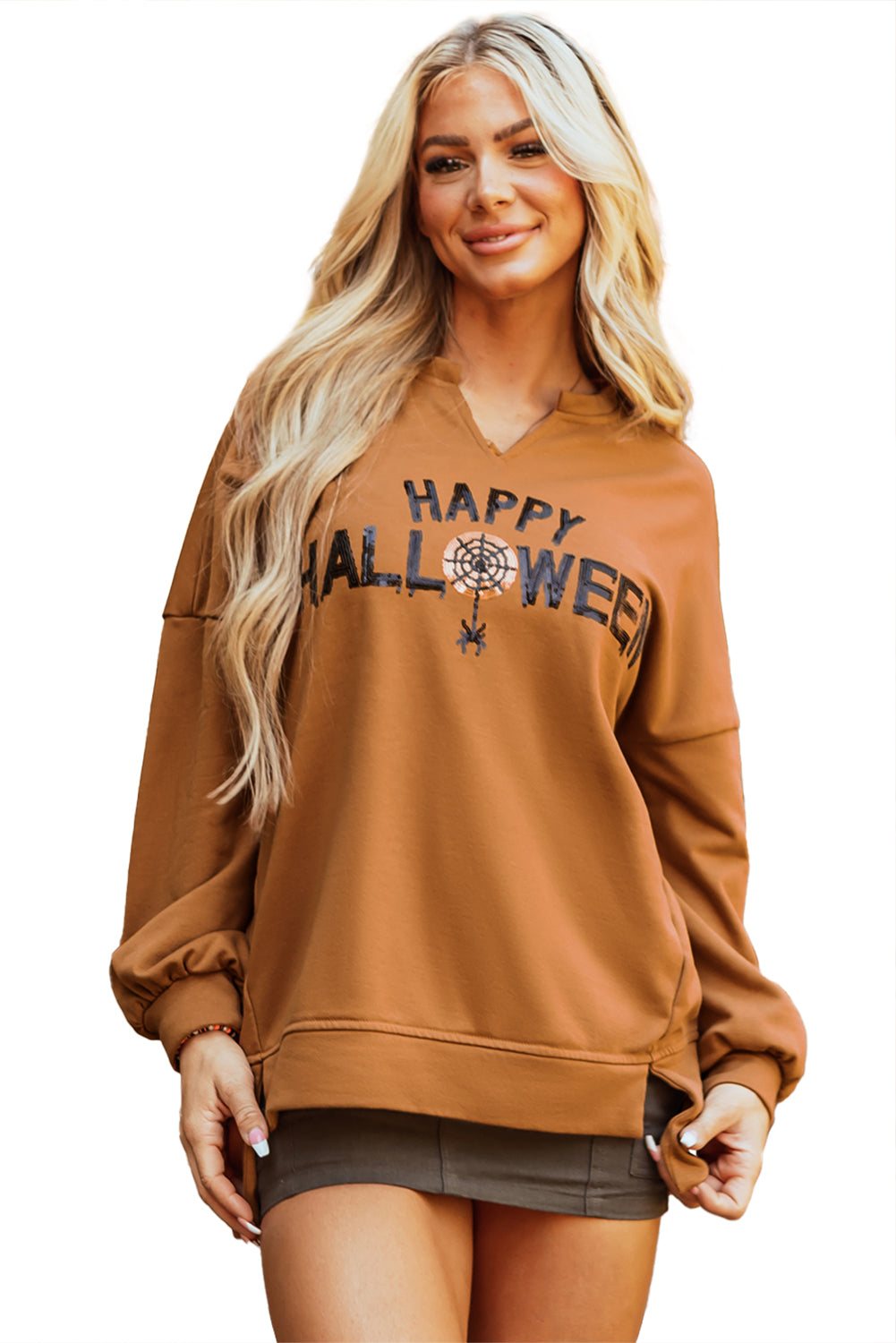 Chic chestnut Halloween top with sequin graphic and long sleeves