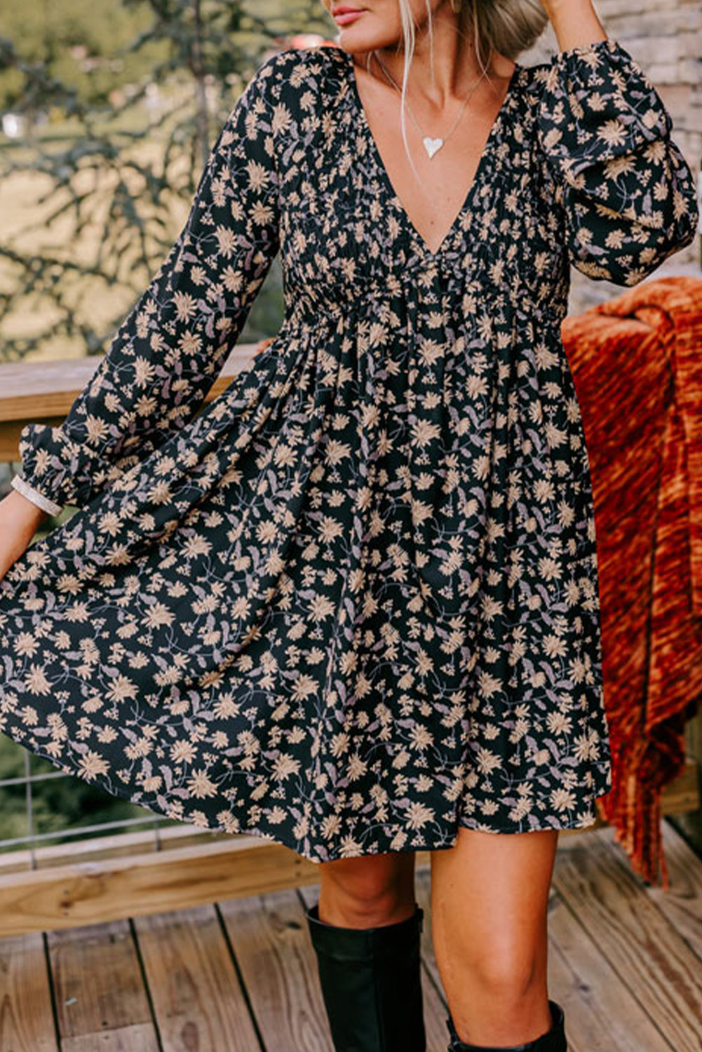 Black Floral Deep V Neck Smocked Bust Sleeve Babydoll Dress